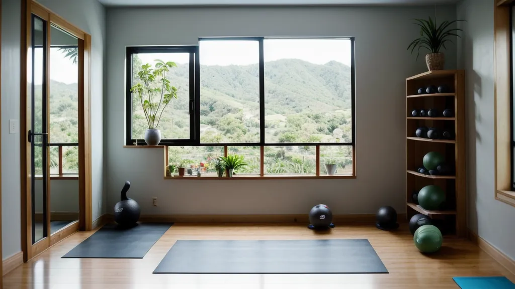 Estante minimalista con equipo de fitness esencial para entrenar en casa
