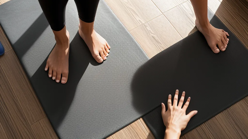 Espacio mínimo de dos metros cuadrados con mat de yoga para calistenia en casa