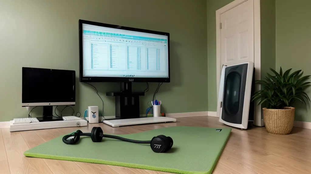 Monitor de diseño de 27 pulgadas junto a elementos de entrenamiento en casa.