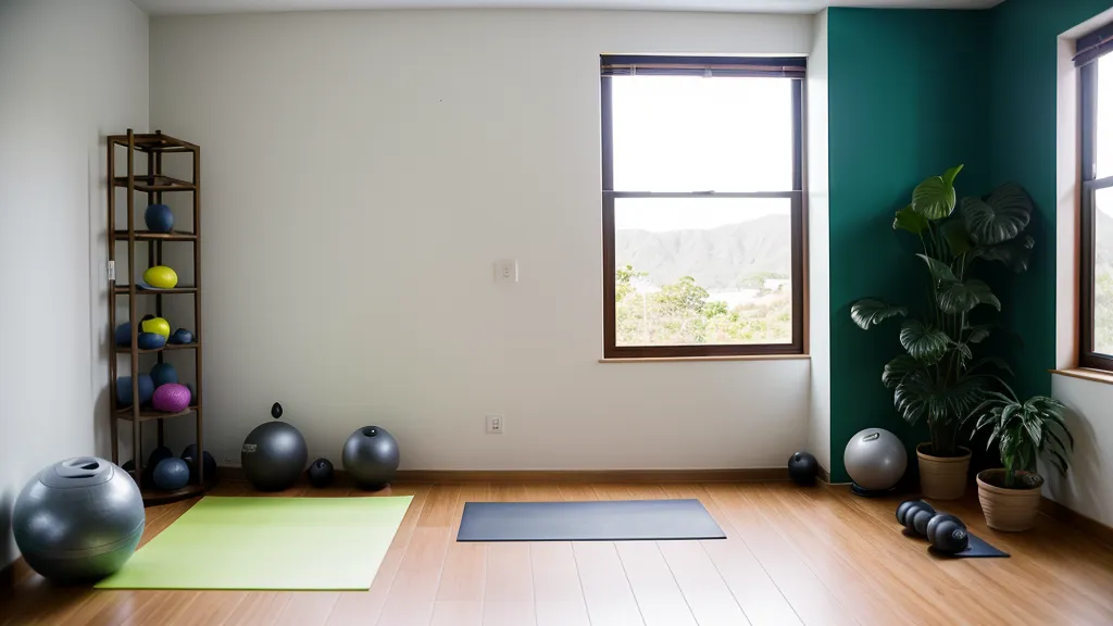 Mat de entrenamiento en casa en el piso de baldosa, junto a un escritorio de trabajo freelance