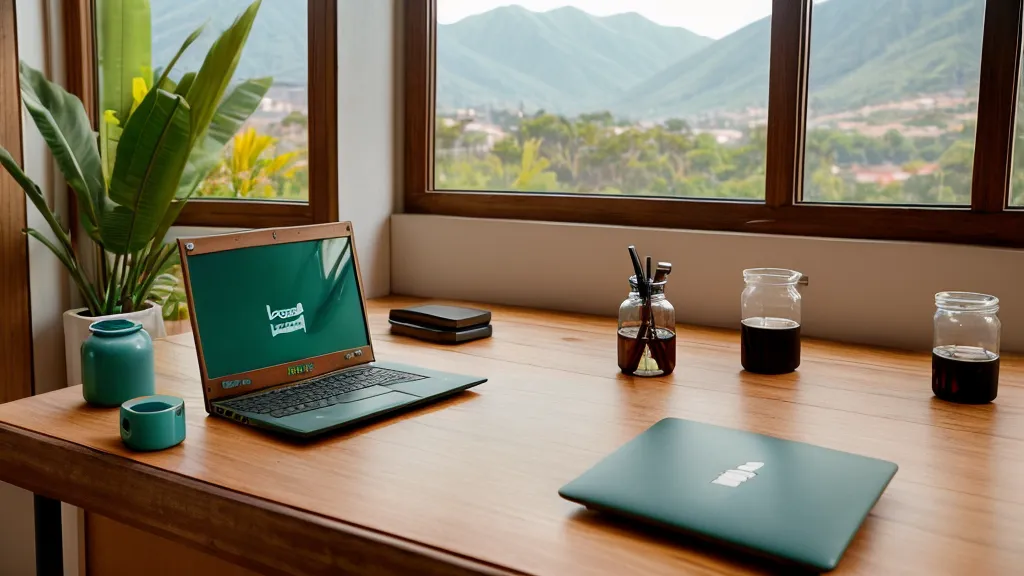 Escritorio de teletrabajo con laptop y calendario de entrenamiento físico