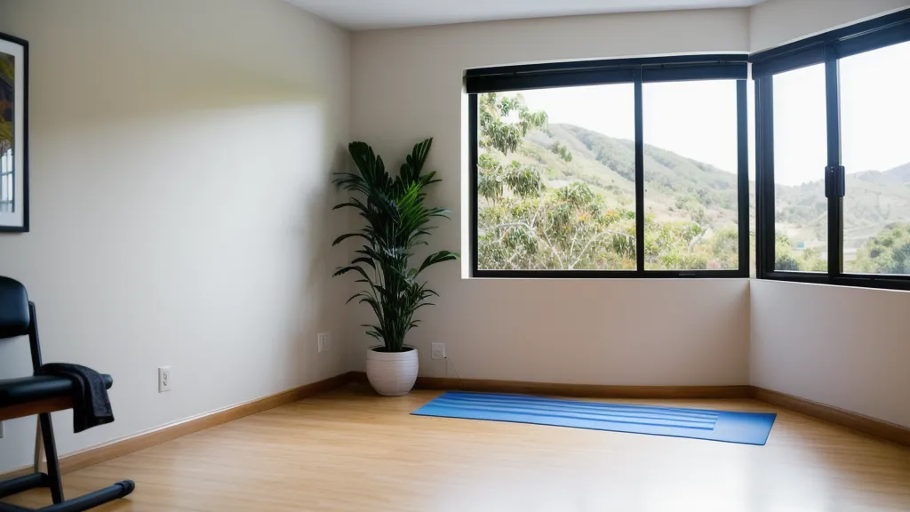 Silla de oficina y escritorio junto a un área de entrenamiento improvisada en casa.