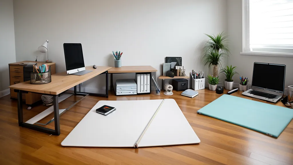 Espacio de trabajo freelance junto a una colchoneta de ejercicio en la sala
