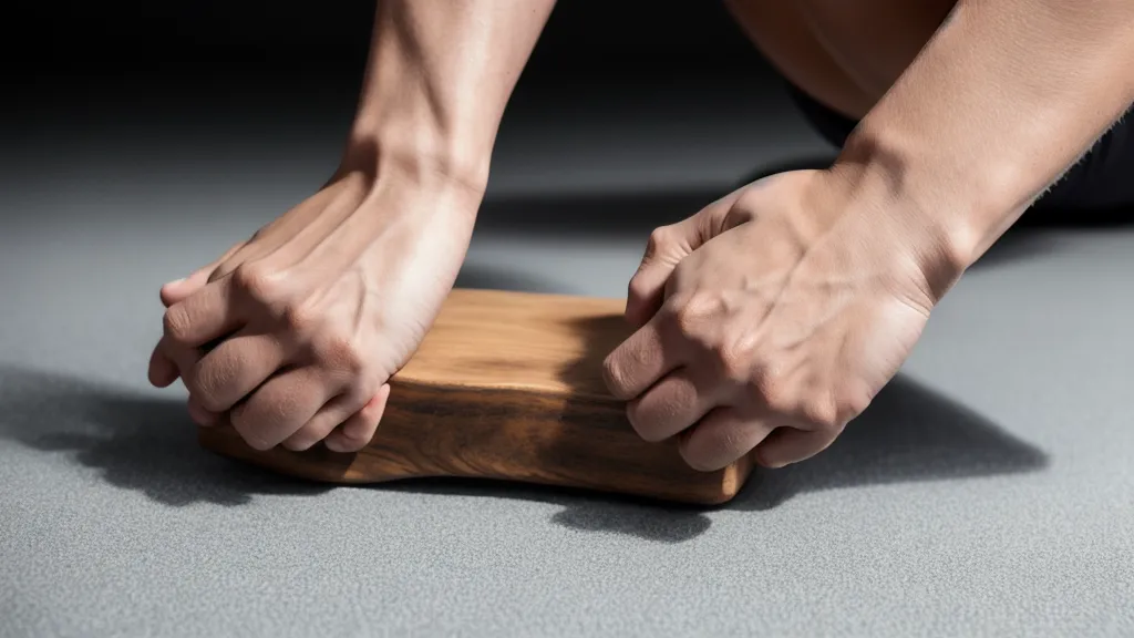 Detalle de las manos en una plancha sobre colchoneta, enfocando el esfuerzo articular.