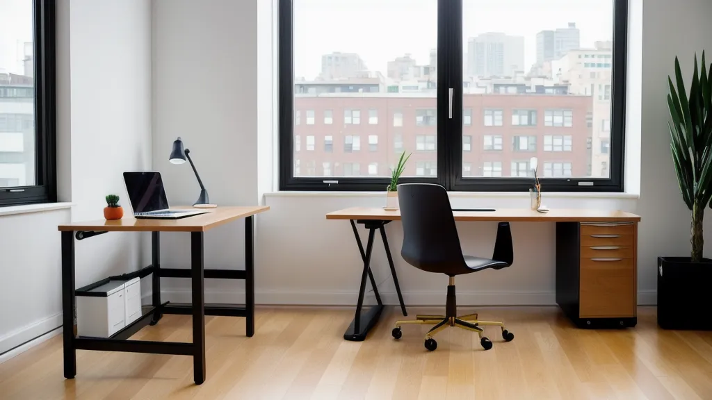 Escritorio de diseñador freelance junto a equipo de entrenamiento básico en el apartamento.