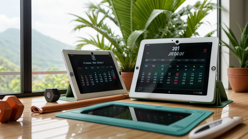 Calendario de entrenamiento de 12 semanas mostrado en una tablet sobre piso de baldosa
